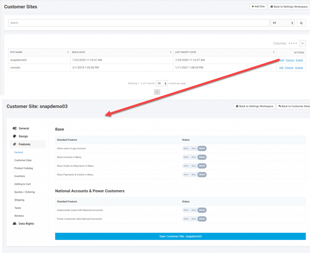 Application Settings Features & Settings Basics Customer Sites