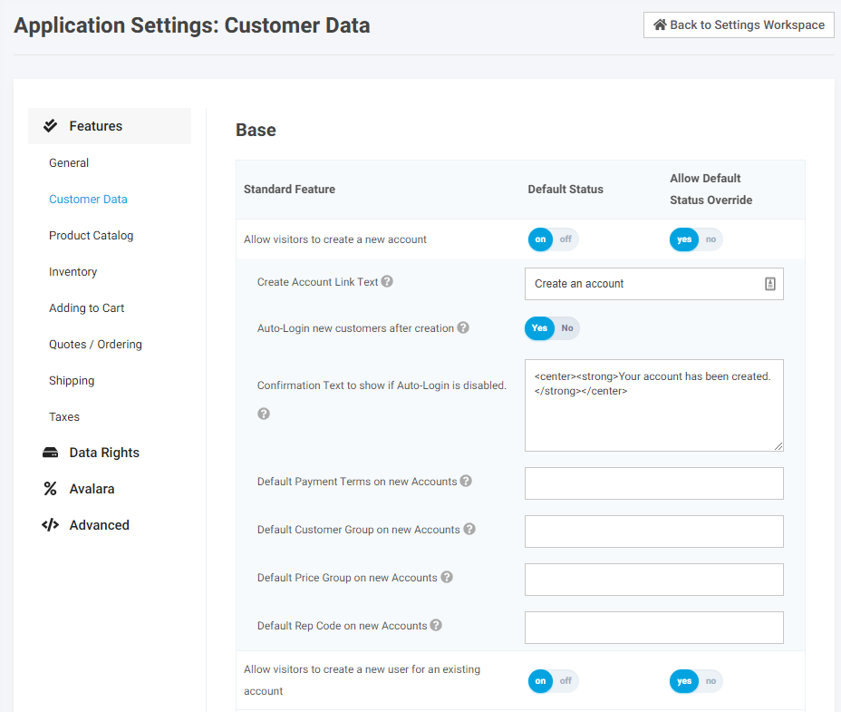 Customers New Account and Contact Creation Application Settings Customer Data