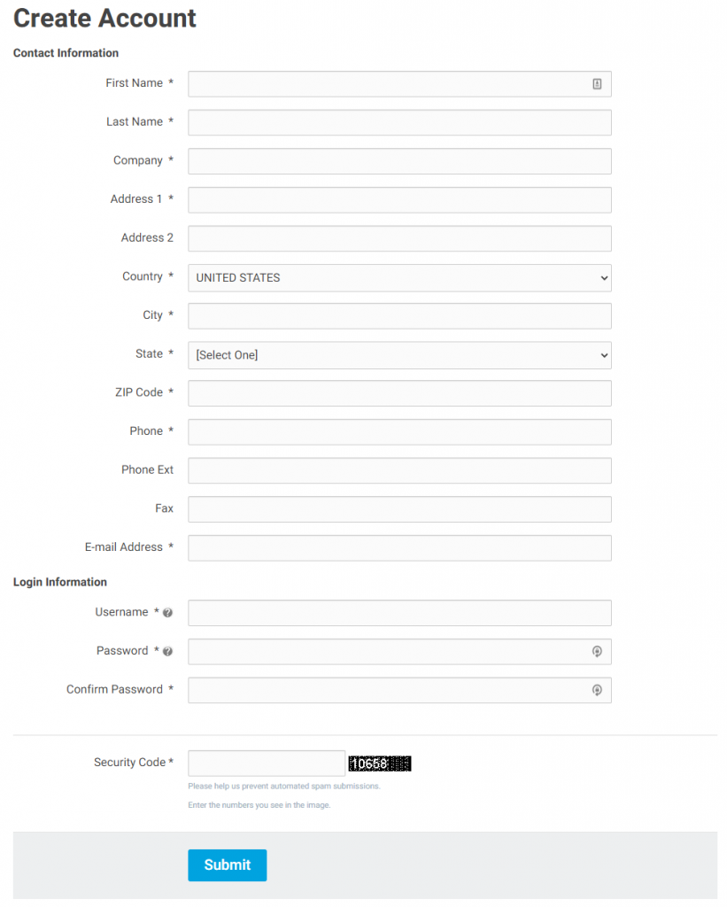 Customers New Account and Contact Creation Create Account Form