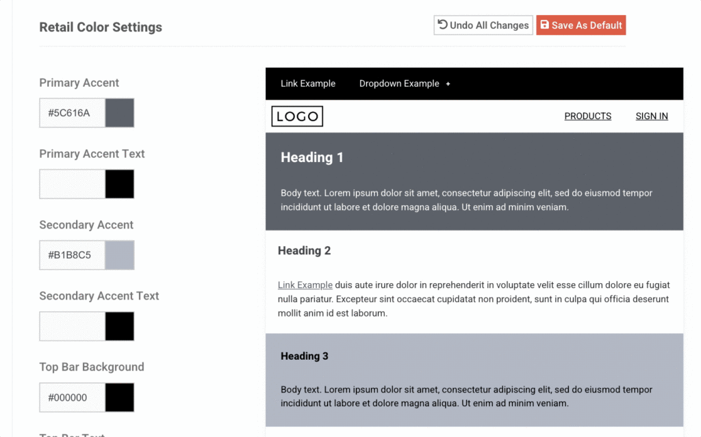 Features Customer Site Design Settings Auto Colors