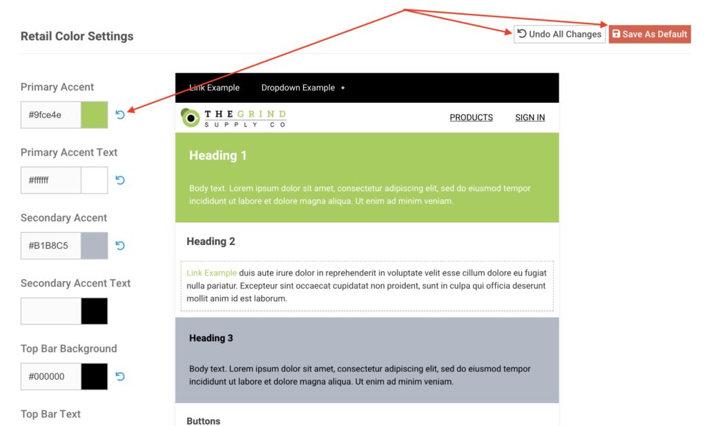 Features Customer Site Design Settings Undo