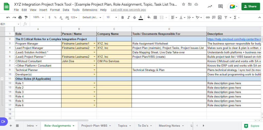 Tools & Documents Key Tools For An Integration Project Role Assignments Example