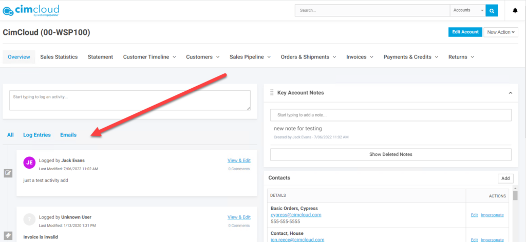 CRM Standard Adding Notes to Account Log From Email Account Activities