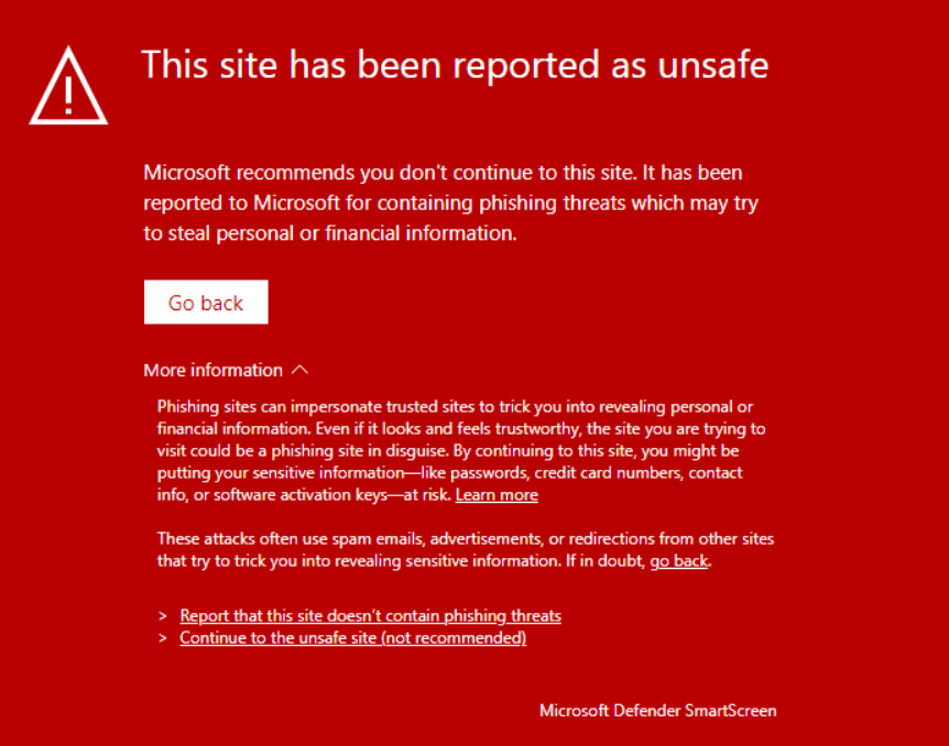 Help & Support Website Reported as Unsafe By Microsoft (Edge) Microsoft Defender Example