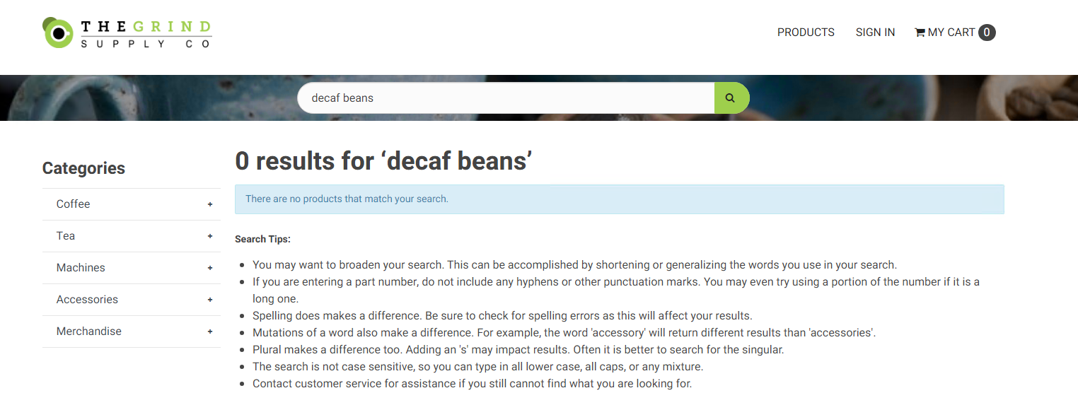 Product Catalog Product Search Decaf Beans Search